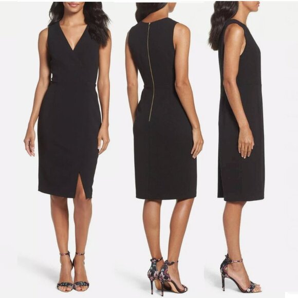 ADRIANNA PAPELL CREPE V-NECK BLACK SHEATH DRESS sz 8 - Picture 1 of 15